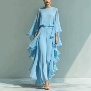 2026欧美跨境亚马逊女士藏蓝色雪纺上衣喇叭袖直筒裤套装带荷叶边