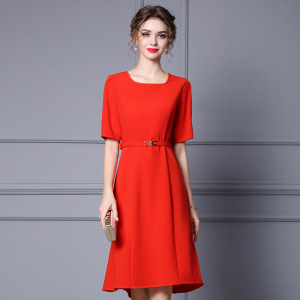 Summer temperament square neck red short sleeve waist A-line skirt