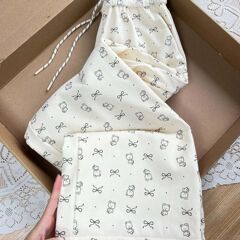 卡通猫印花图案2025休闲时尚显瘦长裤女抽绳松紧直筒女裤跨境专供