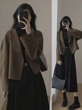 大码胖赫本风小香风套装女秋冬毛呢外套感半身裙两件套