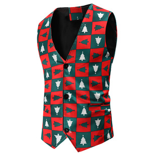 2021 Autumn and Winter Vest Youth Slim-fit Three-dimensional Patch Casual Collarless Single-breasted Suit Vest Christmas Printing