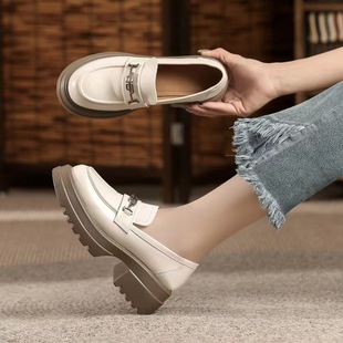 Soft bottom non-slip loafers women's thick bottom retro slip-on British style leather shoes black uniform shoes spring and autumn