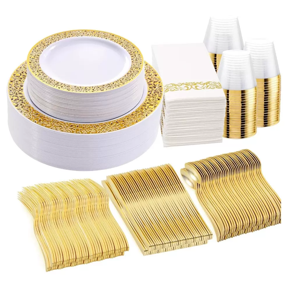 派对餐具一次性餐盘塑料金银色西餐晚餐碟白黑金边镂空外贸批发