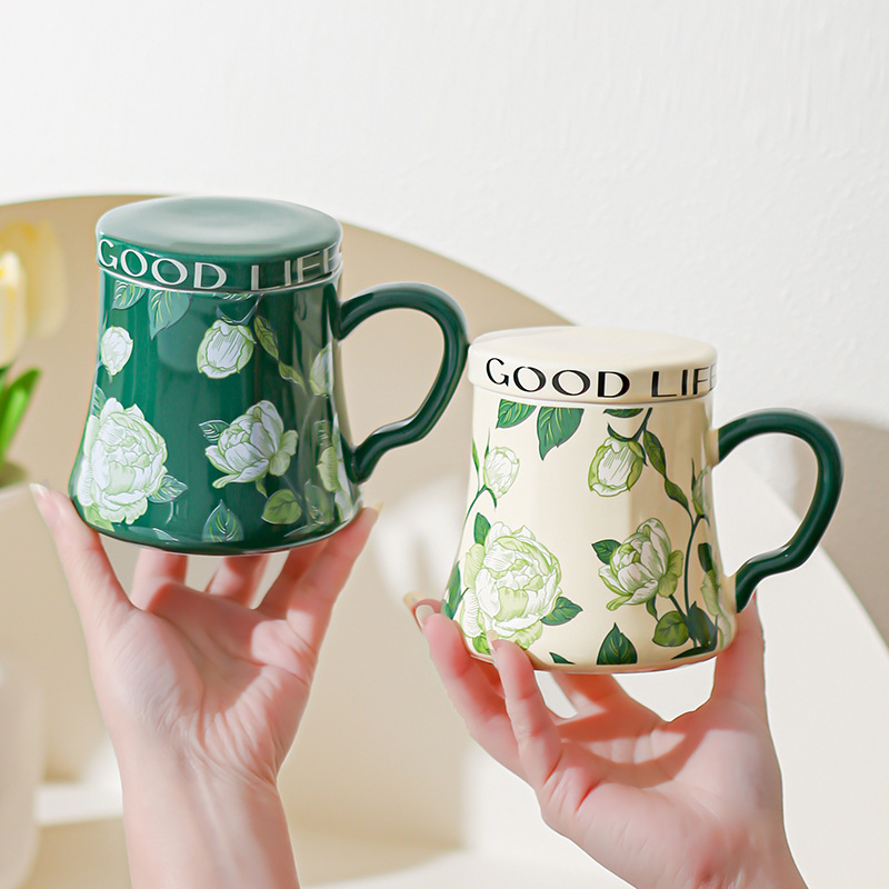 Taza de agua de cerámica de orquídea de campana, taza de café de gran capacidad, taza de desayuno con tapa de diseño, taza de café