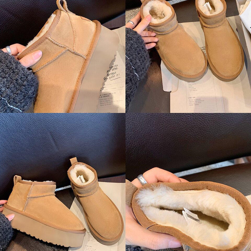 Bốt ngắn cổ lót nhung da bò đế dày gót 4 cm cho nữ — Màu cát (đế dày), Màu hạt dẻ (đế dày)