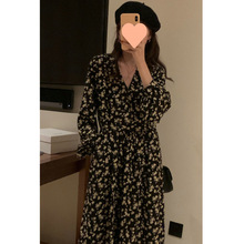 2025新款加绒连衣裙法式气质黑色碎花连衣裙女