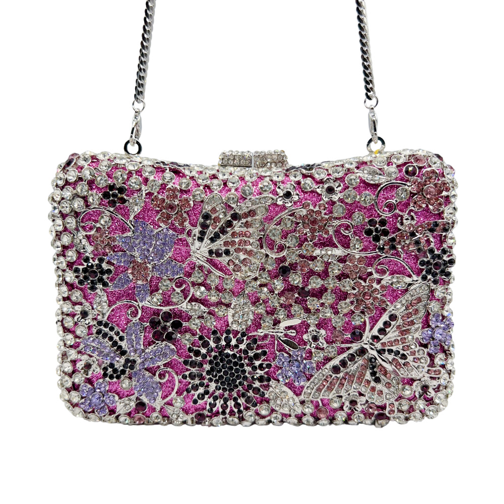Túi clutch dạ hội đính đá kim cương hoa khoét lỗ, túi xách tay Crystal Clutch — Màu tím, Màu vàng kim, Màu bạc, Màu đen chi tiết 1