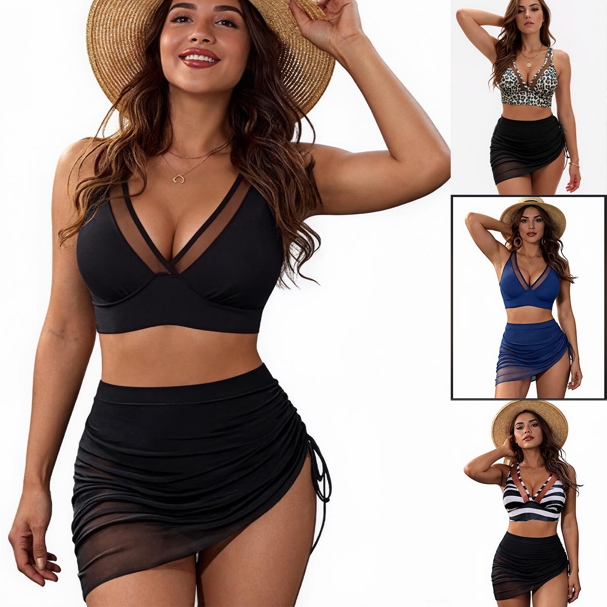 2025 European and American Cross-Border Export Sexy Bikini Split Mesh Skirt Three-Piece Set Pure Color Plus Fat Plus Size Swimsuit for Women