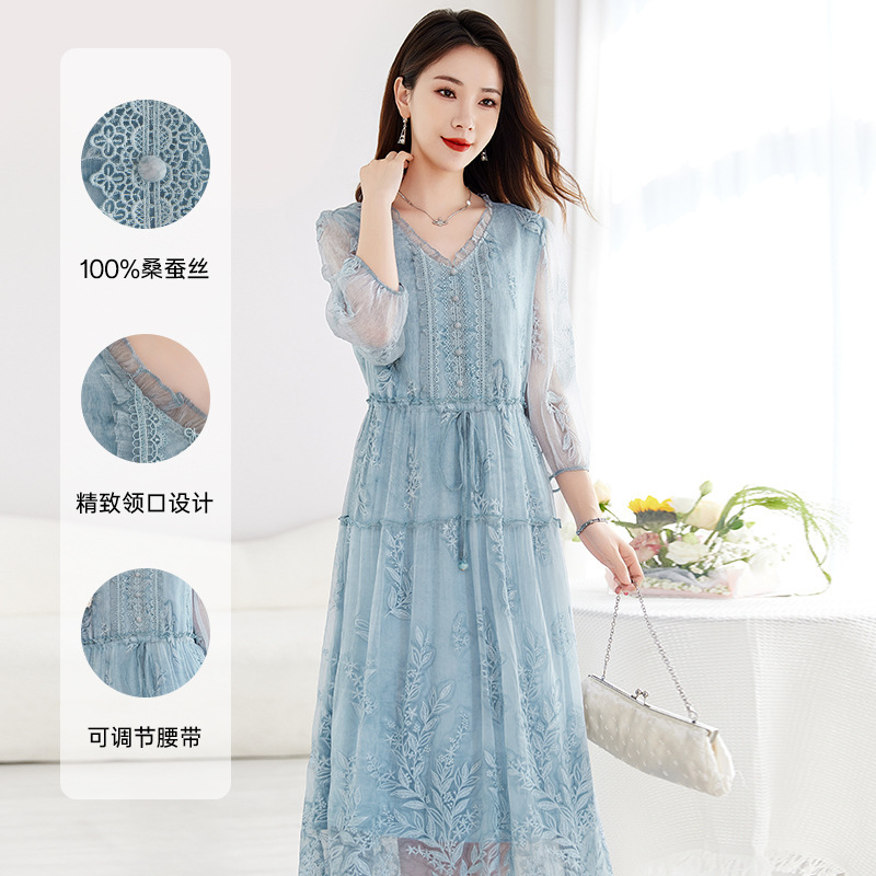 [Shunyu Embroidery] Summer V Neck Silk Dress for Women, Large Size, Slimming Look Mulberry Silk Mid-Length Skirt 9356