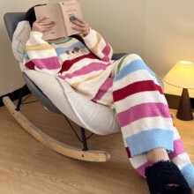 半边绒睡衣女冬季彩虹条纹小狗卡通大码加厚保暖珊瑚绒家居服套装