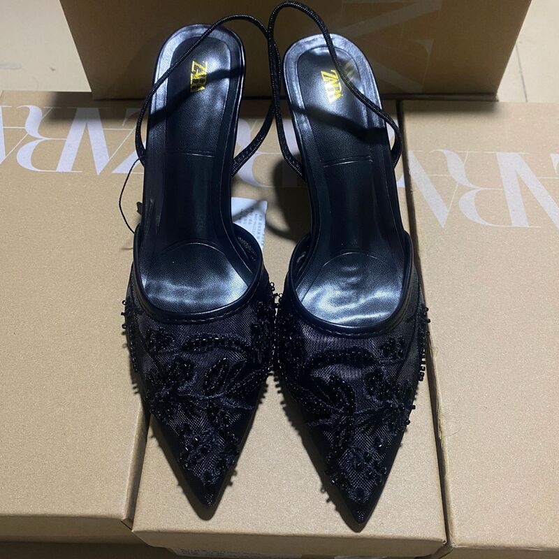 Za's 2025 New Women's Shoes Pointed Toe Cap with Empty Back Pure Color Embroidered Mesh Stiletto Mule Shoes 8326