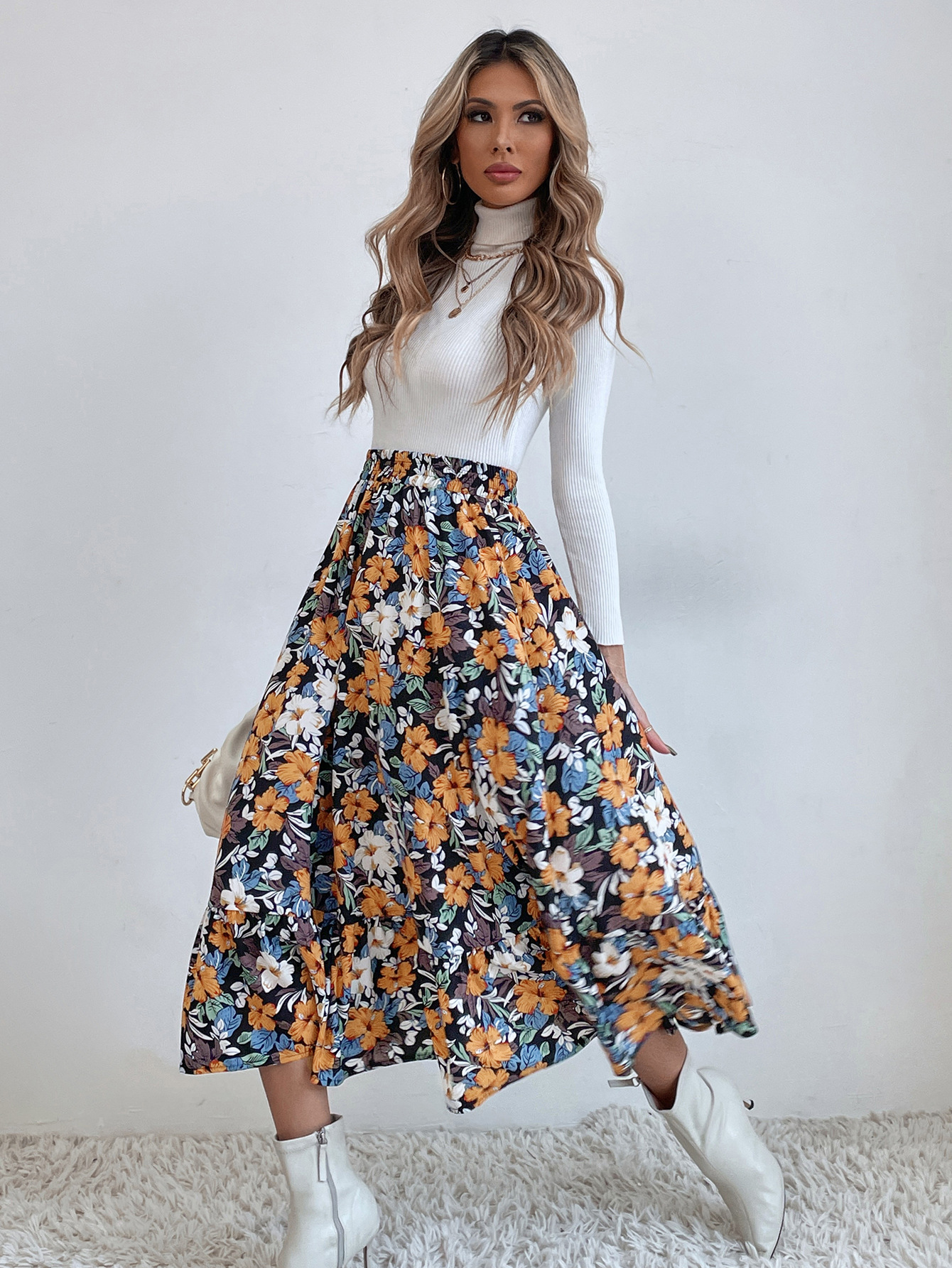 Print Mid-Length Slim A-Line Skirt NSJM105172