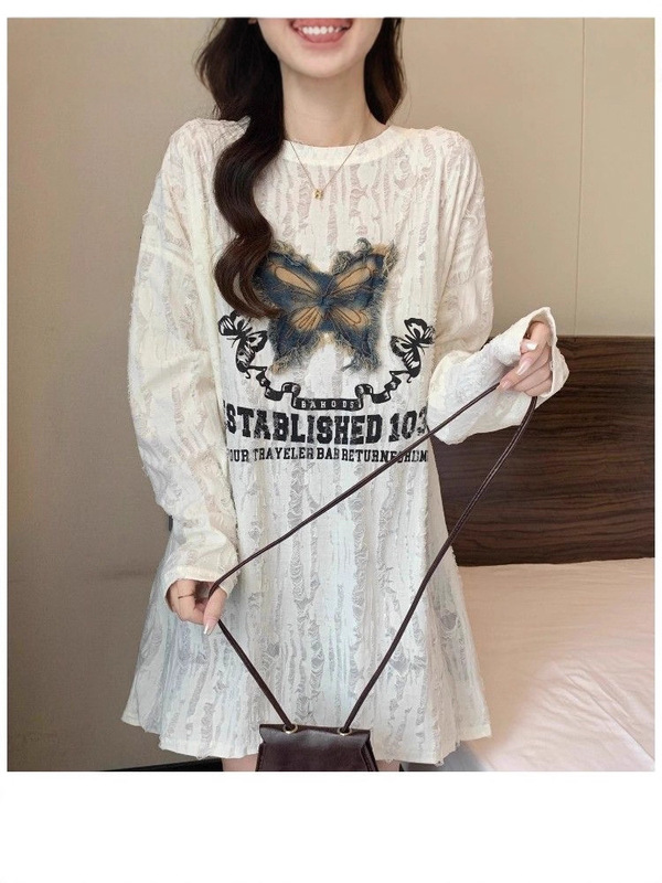 【自家工厂现货】蝴蝶长袖T恤女宽松慵懒废土风纯欲辣妹露肩上衣|undefined