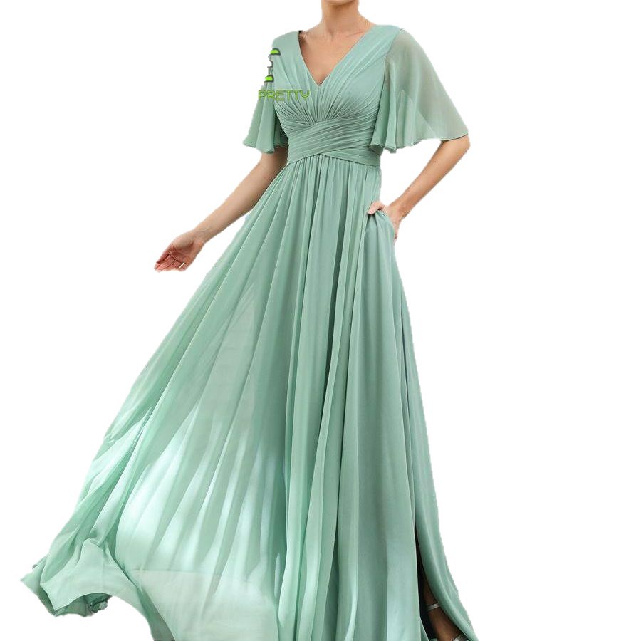 Verano nuevo vestido de noche de chiffon europeo y americano V-collar mangas mariposa novia vestido de damas de honor anfitriona de la fiesta vestido largo