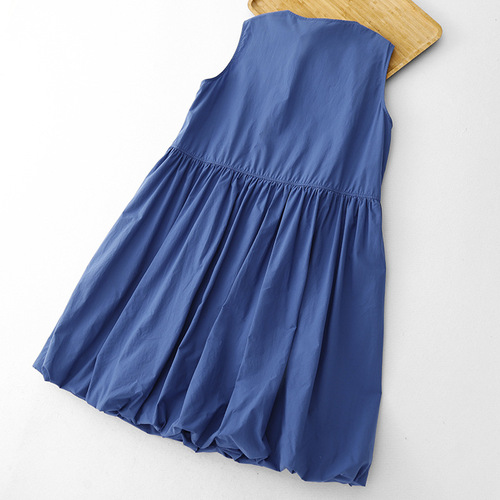 Blue sleeveless dress for women, summer Japanese-style casual loose thin mid-length lantern dress