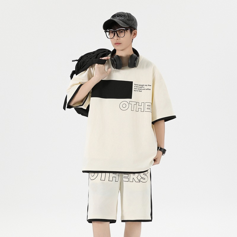 Traje informal holgado de manga corta para hombre, pantalones cortos de manga corta con conjunto de dos piezas, color contrastante, fresco, de verano