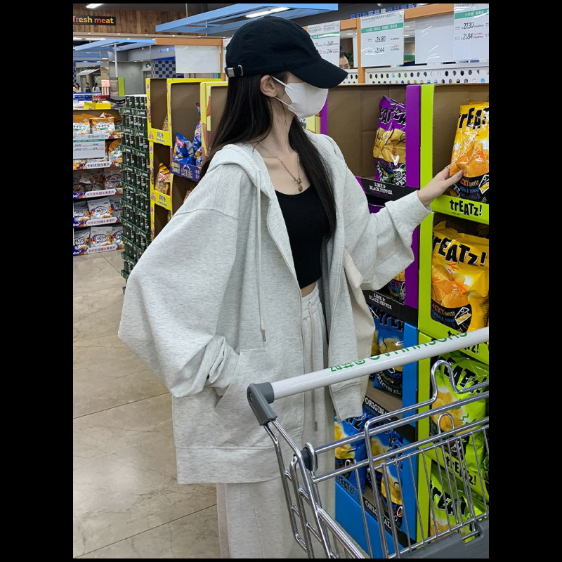 酒红色拉链开衫卫衣连帽外套女2025新款休闲宽松慵懒风长袖上衣服|undefined