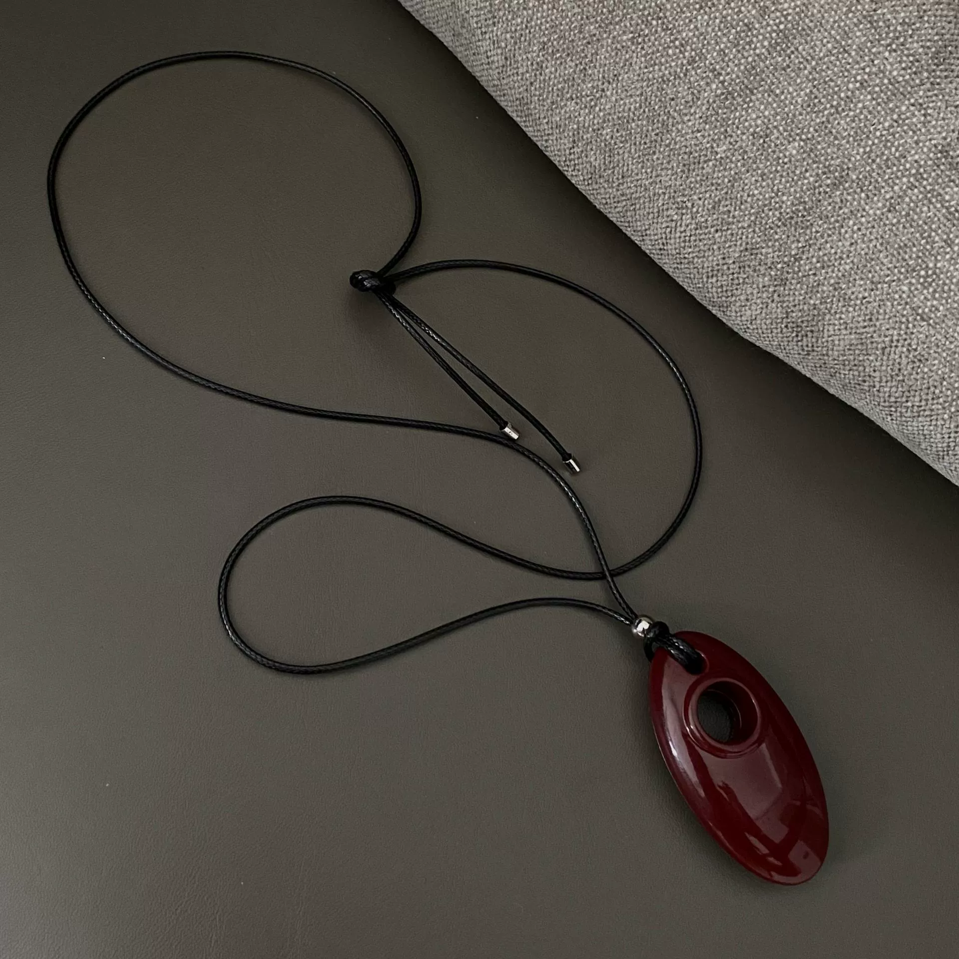 Pendant Necklace, Stainless Steel & Leather Rope, Burgundy/Black/Silver, 7 cm Pendant