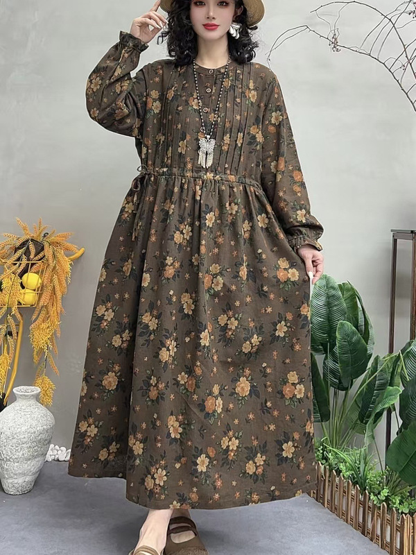 2026 Large Size Cotton and Linen Floral Long Dress with Country-Style Lace Hem for Women 2026 Large Size Cotton and Linen Floral Long Dress with Country-Style Lace Hem for Women