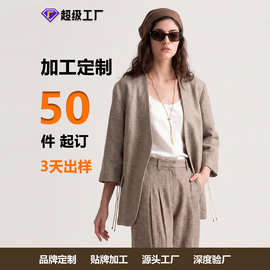 【定制】26早秋新款V领亚麻西装外套女七分袖抽绳上衣显瘦休闲