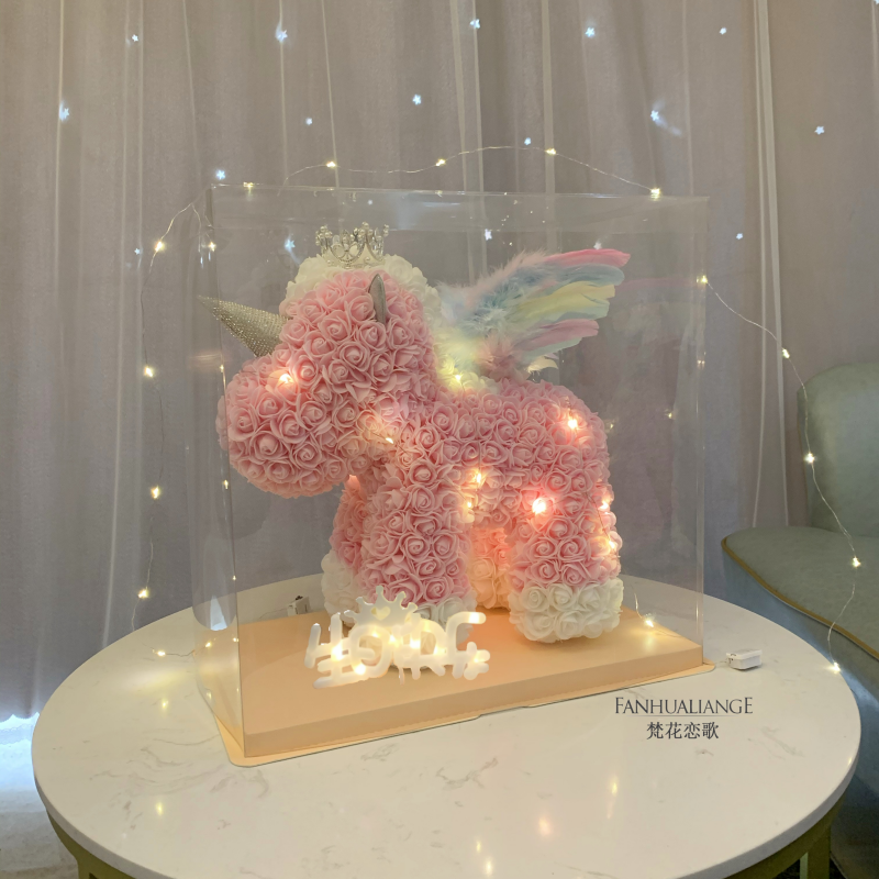 Unicornio flor inmortal rosa ramo caja de regalo de regalo para el día de San Valentín para la novia esposa y amiga