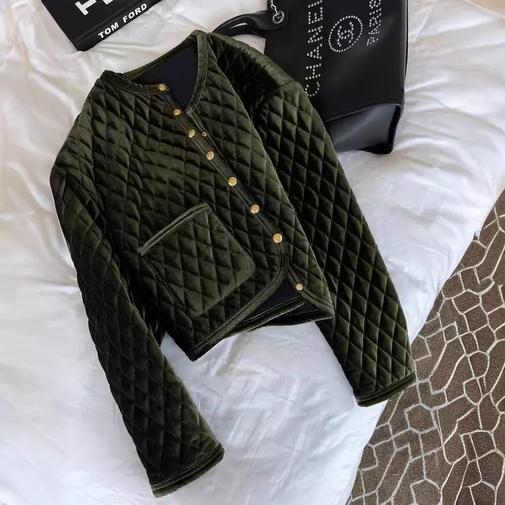 现货洋气丝绒衍缝格外套棉衣棉服设计感秋冬女