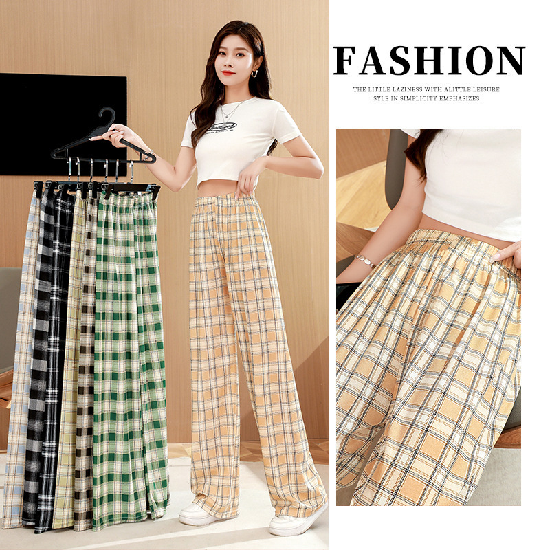 Plaid Pants Women's Summer Thin Loose Straight Slimming All-match Casual Pants High Waist Draping New Wide-leg Pants for Women