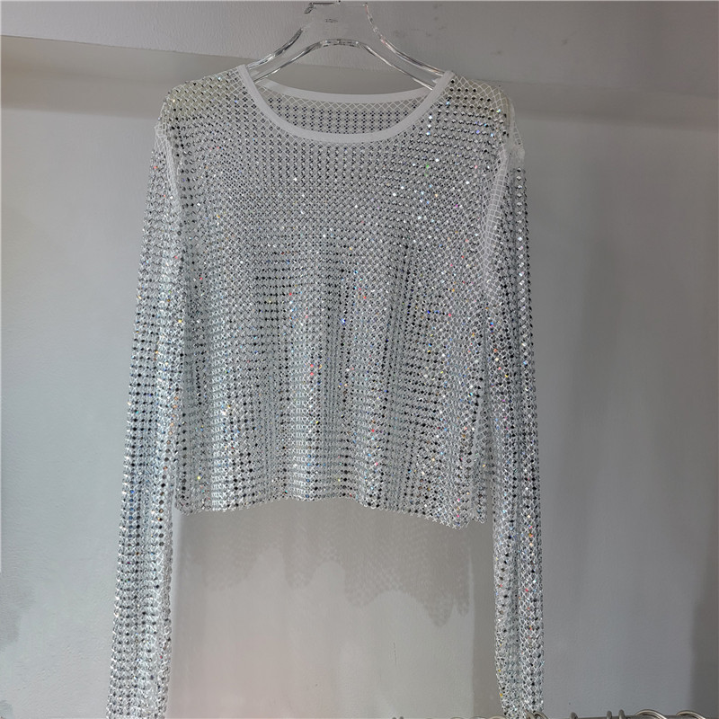Luz de lujo de alto nivel suave chaqueta de cristal de diamante de malla super celestial dentro de la fiesta bling brillante camiseta de base vaciada