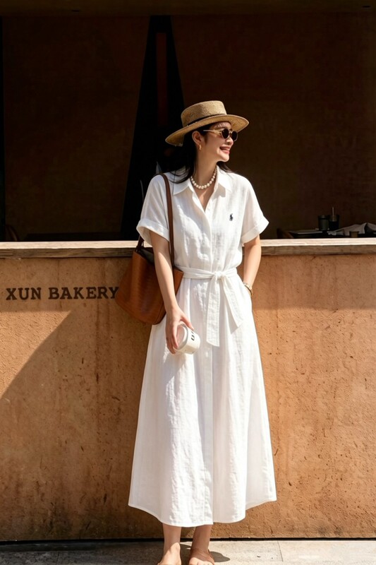 26 Summer Classic Heavyweight Linen Dress with Full Button Placket and Lapel Design, Mid-Length, Pure Linen, Enzyme-Washed Dress 146 26 Summer Classic Heavyweight Linen Dress with Full Button Placket and Lapel Design, Mid-Length, Pure Linen, Enzyme-Washed Dress 146
