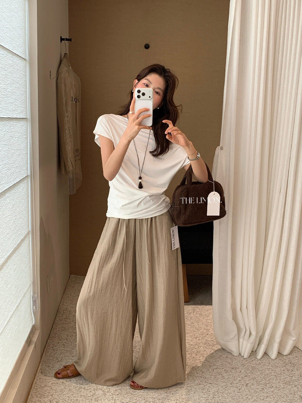 Quần culottes ống rộng cạp chun rút dây chất liệu linen mùa hè — Vàng nhạt, màu đen, trắng ngà, màu hồng chi tiết 15