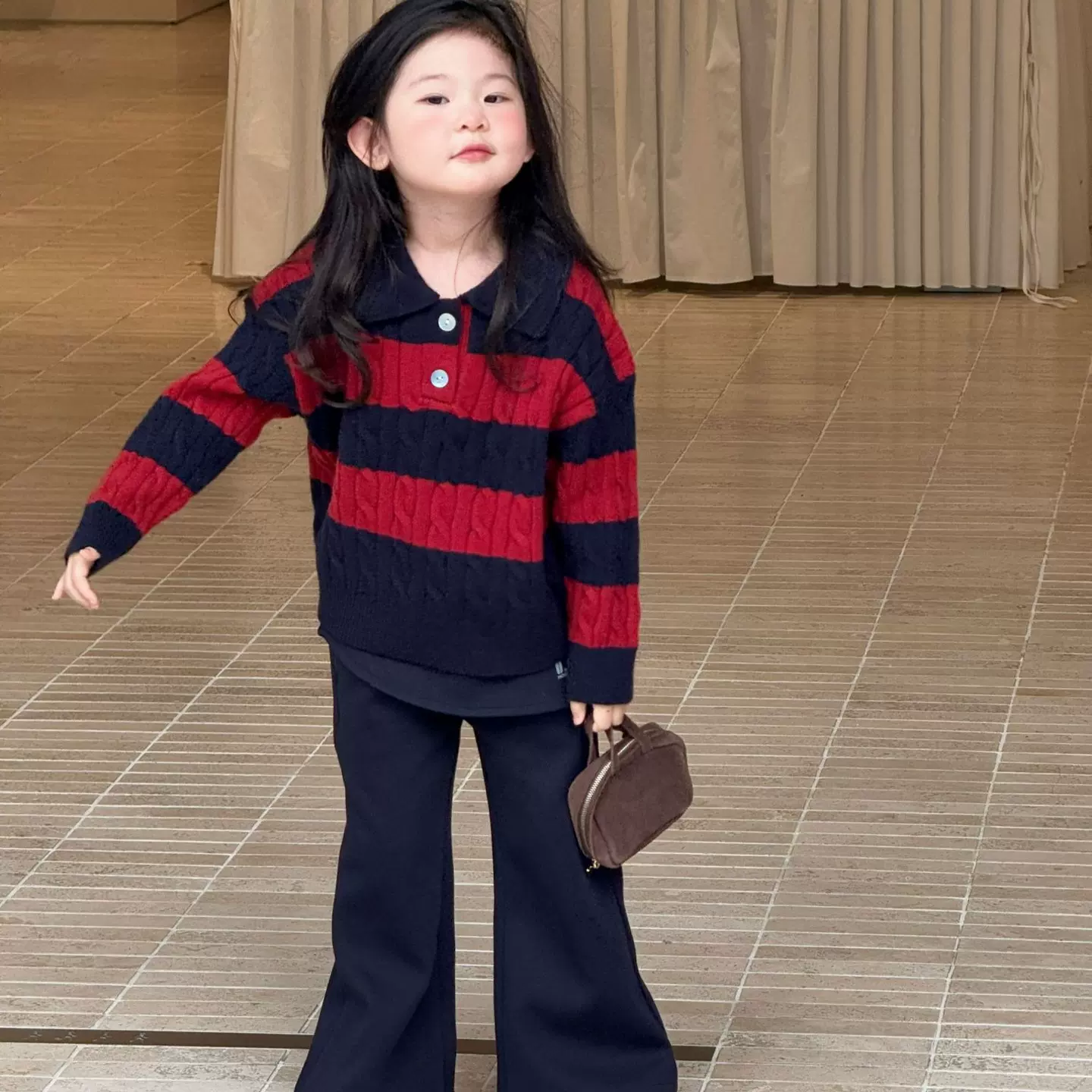 2025秋季新款童装 韩版童装 女童条纹Polo领毛衣 儿童秋款毛衣