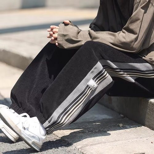 Striped pants for men, spring, autumn, and winter, trendy brand, tie-up casual long pants, loose sporty briefs