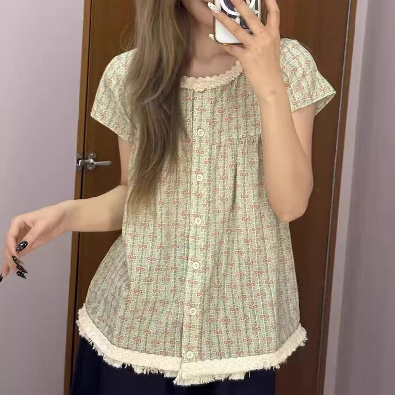 Correct Version Korean Dongdaemun Japanese Retro Floral Fringe Trim Lace Doll Shirt Short Sleeve Correct Version Korean Dongdaemun Japanese Retro Floral Fringe Trim Lace Doll Shirt Short Sleeve