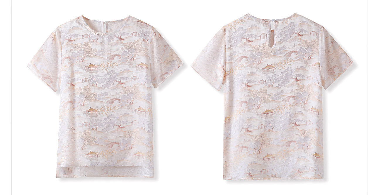 Áo thun cổ tròn tay ngắn phong cách Tân Trung Hoa đính khuy vải, chất liệu lụa tơ tằm jacquard — Màu hồng, màu mơ chi tiết 14