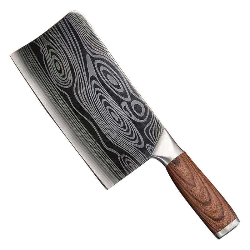 Fábrica en stock cubriendo Damasco hogar cocina cuchillo Acero inoxidable rebanar cortador de hueso imitación madera grano mango cortar cuchillo