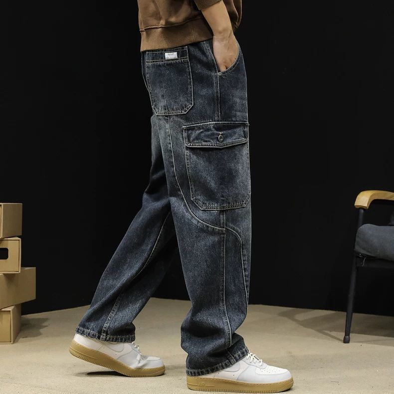 Men's Straight-Leg Jeans Trendy Brand 2025 New Autumn Loose Plus-Size Fall/Winter Wide-Leg Pants Multi-Pocket Cargo Pants