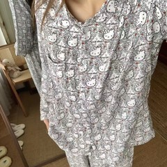 黑白爱心kitty！全棉双层纱家居服女翻领长袖长裤睡衣套装可外穿