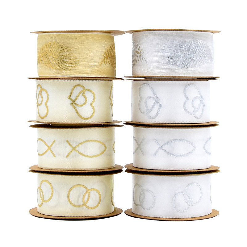 Transfronterizos seda estampada cinta de poliéster decoración de boda embalaje de regalo impresión plumas amorosa cinta de pez 5 metros