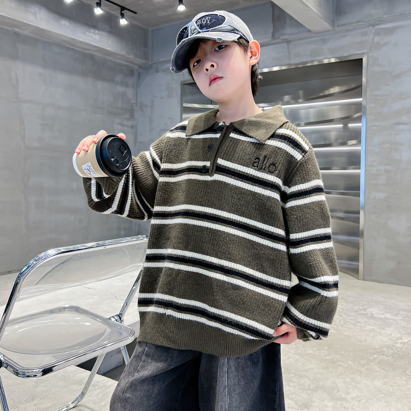 Jungen Polo Pullover Gestreift Winter Strickpullover Warm Kinder_voghion.com