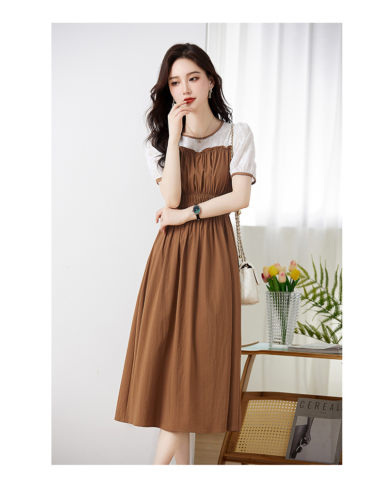 Váy chữ A tay phồng eo thon ren ghép giả hai mảnh Z8838 — Màu đen, Màu caramel chi tiết 11