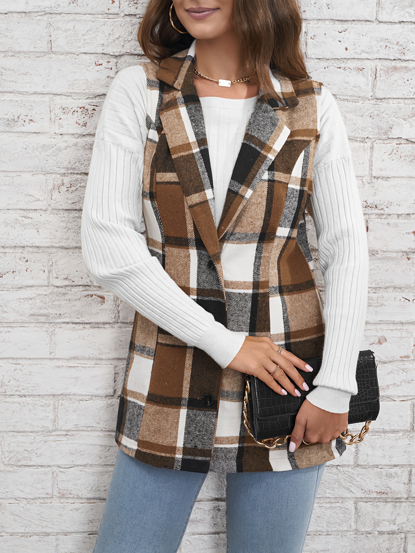 Chaqueta de mujer de comercio exterior transfronterizo chaleco a cuadros europeo y americano 2025 primavera estilo elegante cárdigan sin mangas de un solo pecho image 4