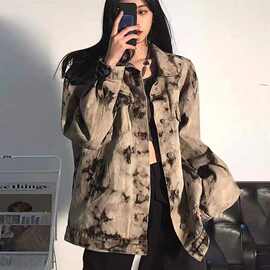 水洗做旧牛仔外套女秋冬设计感小众美式hiphop高街夹克上衣ins潮