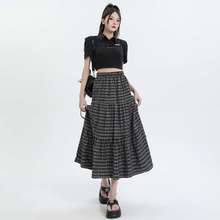 复古拼接森系格子半身裙女春夏季百搭高腰字蛋糕长裙一件代发批发