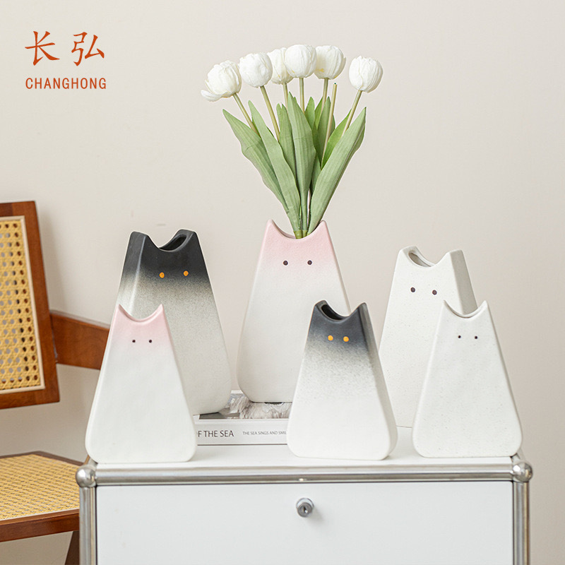 長弘北欧シンプルで可愛い猫風陶磁器花瓶高級感置物ドライフラワー生け花水培客間寝室|undefined
