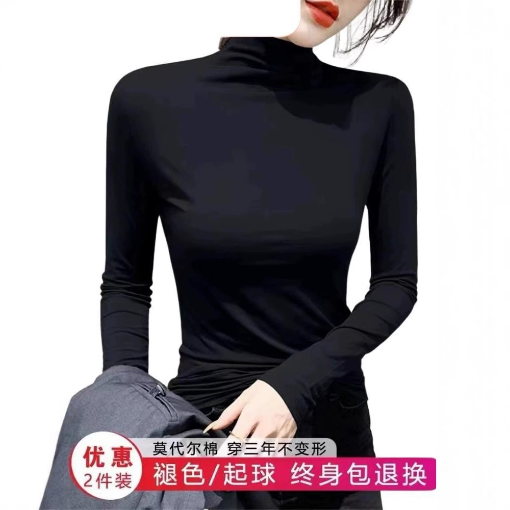 Modal Black Half Turtleneck Bottoming Shirt for Women in Spring & Fall, Slim T-Shirt, Long-Sleeved T-Shirt, Mid-Collar Winter Thin Top