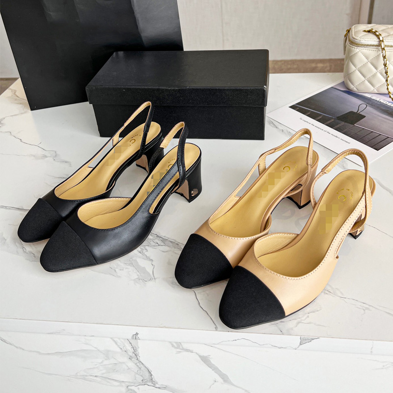 European and American Style Thick Heel Classic Style Square Head Color-blocked Sandals Classic Rice Black Color-blocked Thick Heel High Heel Sandals for Women