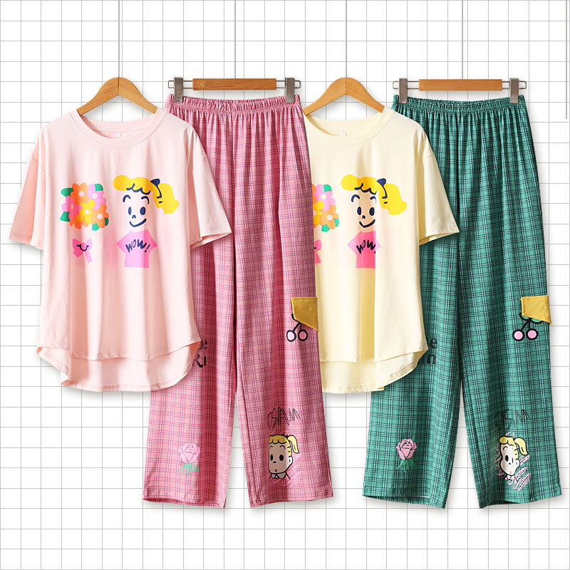 인터넷 유명인, 달콤한 귀여운 체크 무늬 봄/여름 여성 잠옷 반팔 바지 세트 코튼 캐주얼 홈웨어