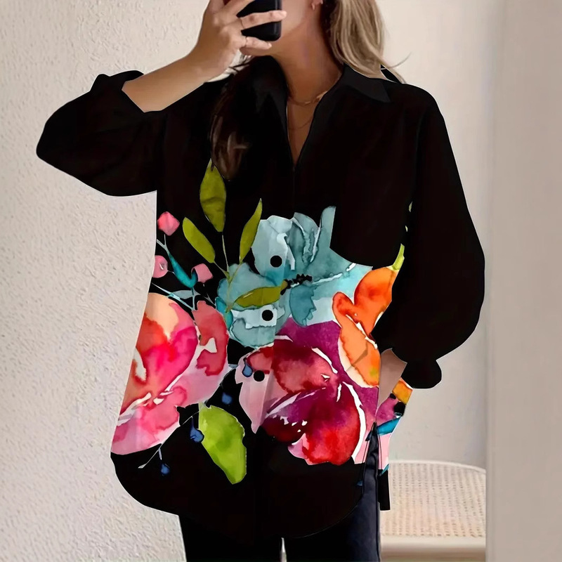 2025 Printed Casual Loose Shirt Women's Button-Up Top New Digital Women's Shirt Pod Customization Pod