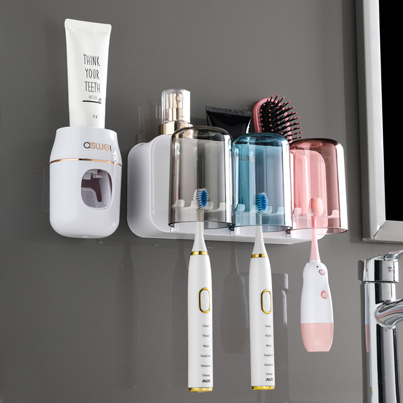 Estante de cepillo de dientes sin ponche taza de cepillo de dientes enjuague bucal Copa estante montado en la pared baño montado en la pared traje familiar eléctrico