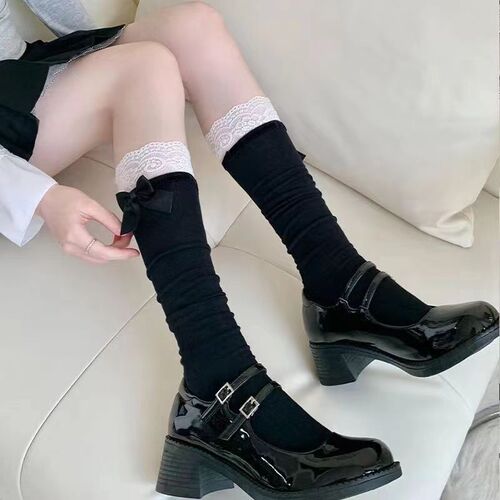 Summer and Autumn Sweet Little Legs Socks Lolita Bow White Mid-Calf Socks Japanese Flower Edge Lace Anti-Slip